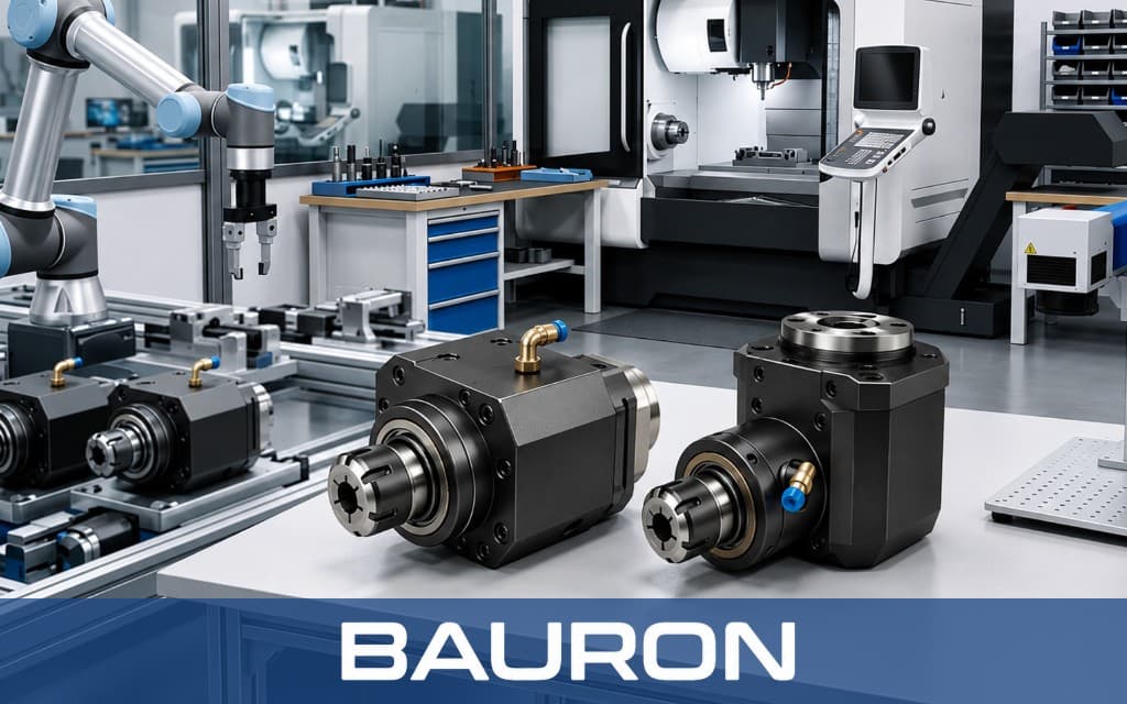 Bauron axial and radial CNC lathe live tool holders on a workshop bench beside a turning center